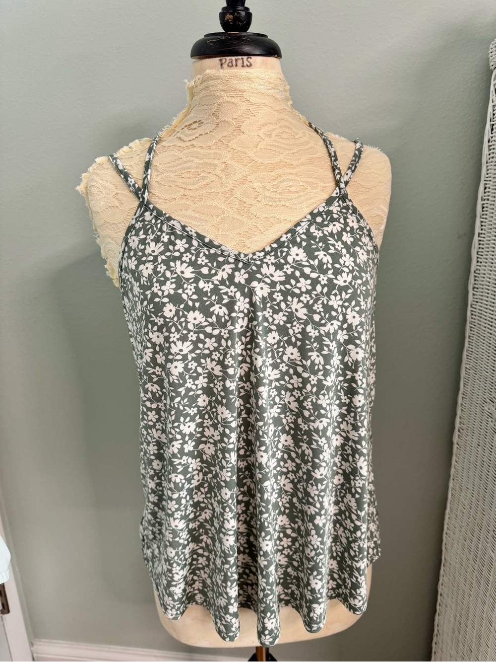 Papermoon Olive Green and White Floral Spaghetti Strap Cami